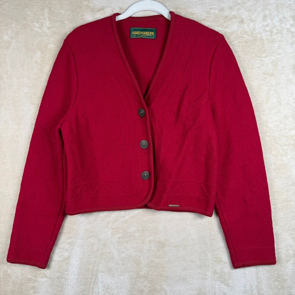 Geiger Collections‎ Vintage Red Boiled Wool Cardigan Jacket Austria Size 36 Crop